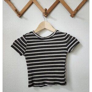 H&M Divided olive white black striped crop stretch babydoll tee XS y2k‎ vibes